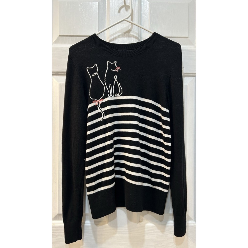 LOFT Black White Striped Cat Lover Sweater Sz M Knit Crewneck Preppy Academia